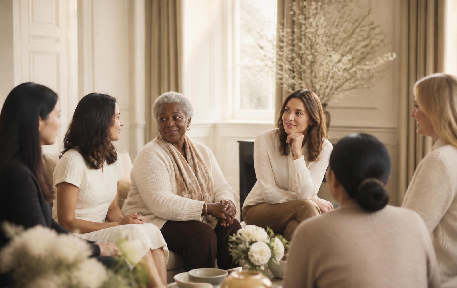 Women of different ages and backgrounds in conversation in a bright, welcoming room